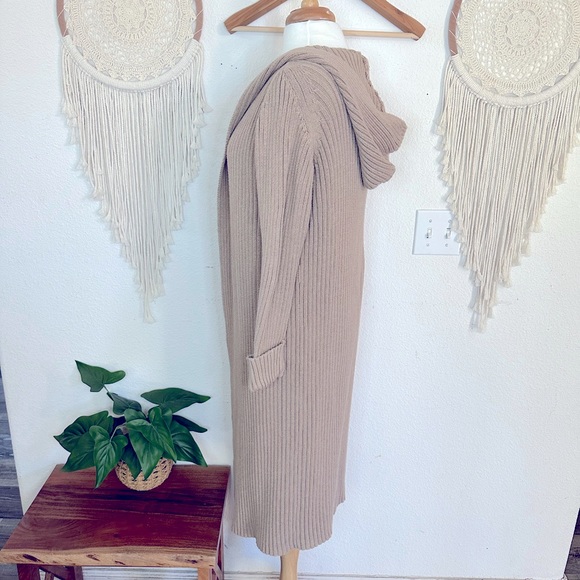 Jeanne Pierre tannish brown ribbed hooded long line heavy knit cardigan small - Picture 2 of 4